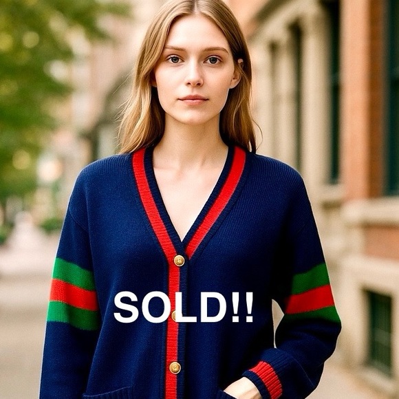 Gucci 100th Anniversary Navy Cardigan with Red and Green Accents - Picture 1 of 11
